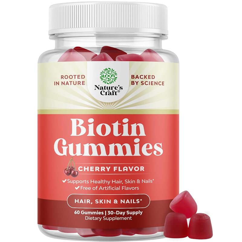 Natures Craft Suplemento de biotina com vitaminas C, D e E, ácido pantotênico, iodo, zinco e ácido fólico 5000 mcg, 60 gomas