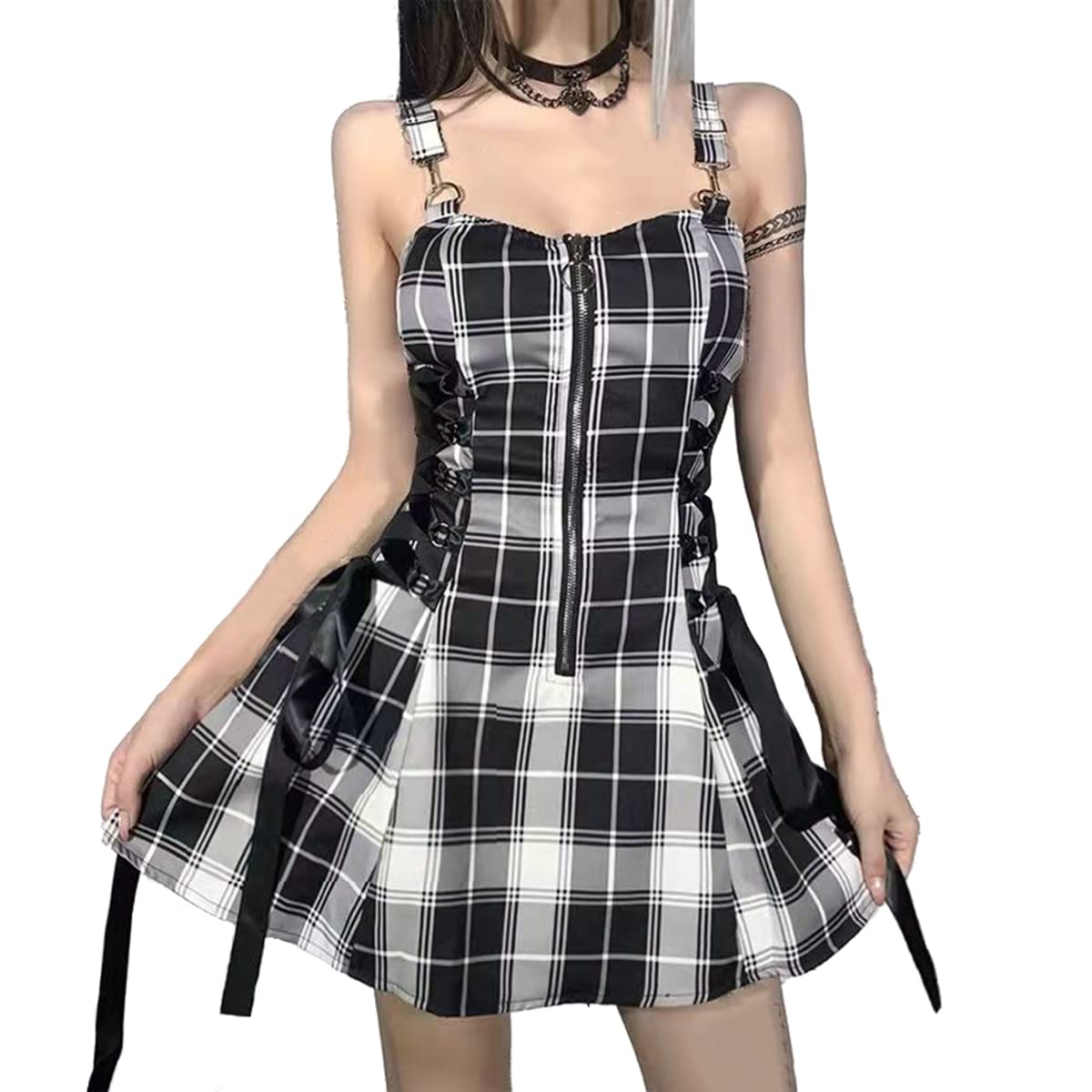 BotenwallGothic Black Plaid Dress for Women Y2K Spaghetti Strap A Line Dress Harajuku High Waist Mini Backless Dress