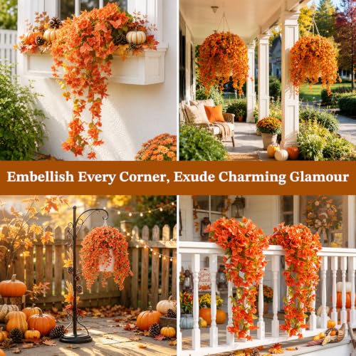 Image of Lewondr Artificial Fall Hanging Flowers UV Resistant Bougainvillea, Orange | 2PCS Faux Silk Long Trailing Vines, Fade Proof, Fake Flowers for Autumn Decorations, Front Door Porch Planter Urn Patio
