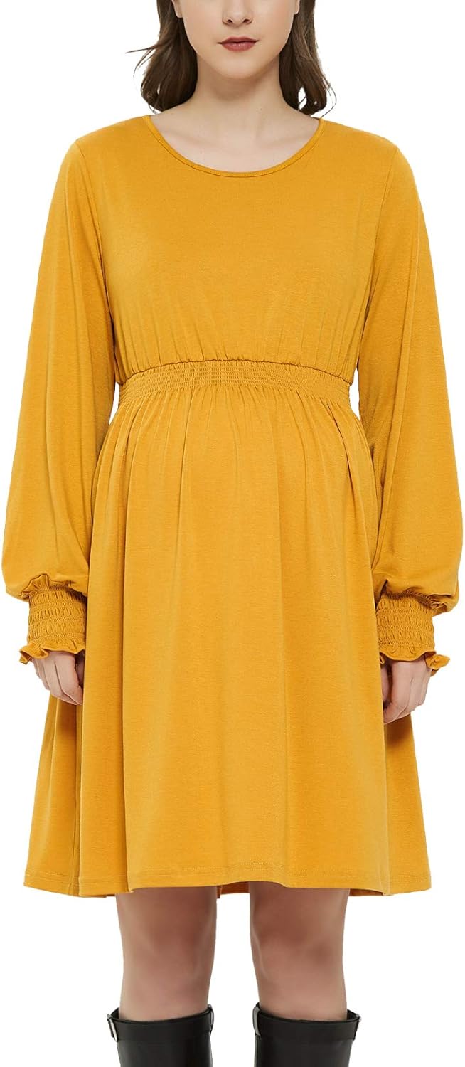 Bhome マタニティドレス 長袖 スモック ゆったりスイングドレス US サイズ: Large カラー: イエロー