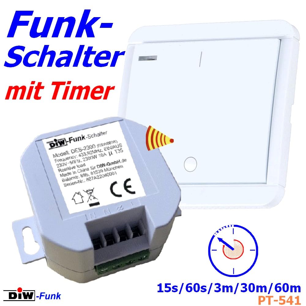 Minuteur PT-541 - Émetteur mural sans fil avec arrêt automatique programmable 5 temps + interrupteur radio encastrable DES-2300 230 V/2300 W