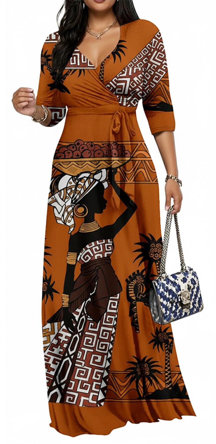 Women's Church Maxi Wrap V Neck 3/4 Sleeve Tie Waist Plus Size Long Dress