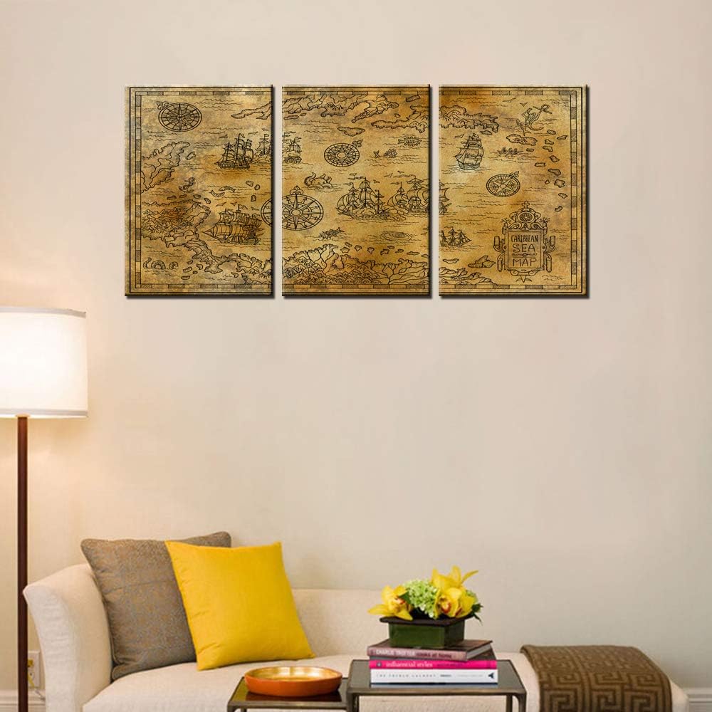 Rustic Wall Art for Living Room World Map Picture 3 Piece Prints on Canvas Fantasy Painting for New Room Pirate Map House Decor Pirate Clock Artwork Framed Giclee Ready to Hang Gift(42''Wx20''H)