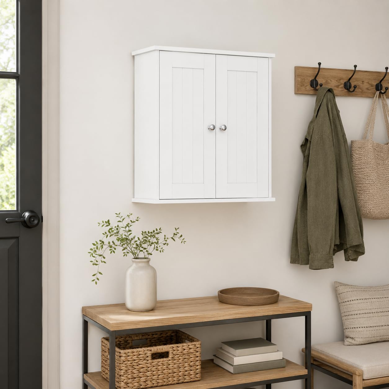 Armoire Murale de Salle de Bain à 2 Portes, Blanche | Étagères réglables, rangement au-dessus des toilettes, pour salle de bain, cuisine, entrée et buanderie