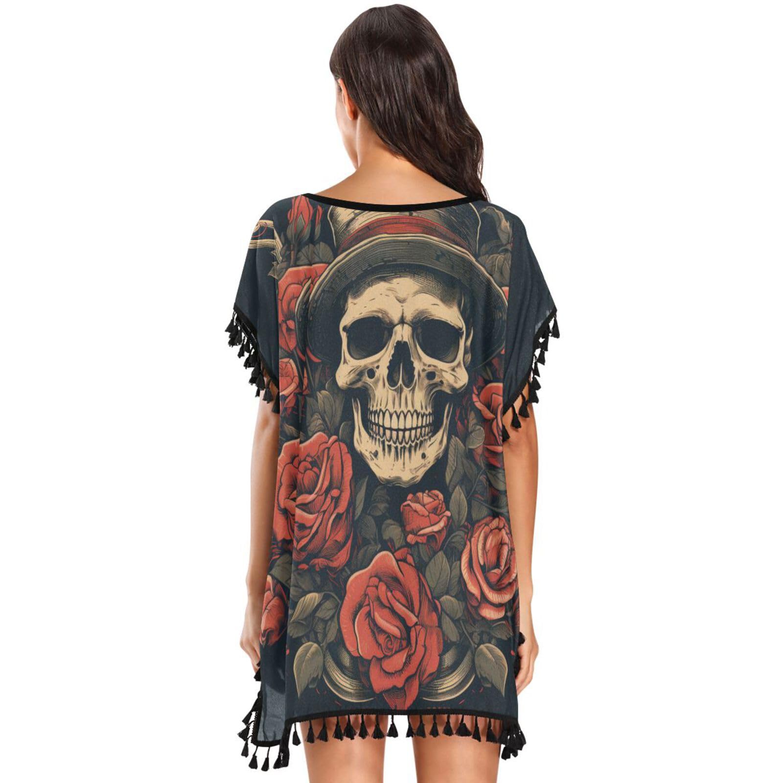 Black Skull Art Rose Women's Beach Cover Up Chiffon Tassel Swimwear Swimsuit Coverups for Girl