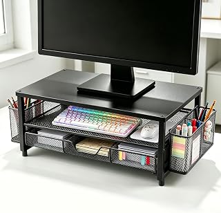 Supporto per monitor da scrivania con cassetto e 2 portapenne, supporto ergonomico per monitor e laptop, supporto da scrivania per accessori da ufficio, supporto per laptop con ventilazione (nero)