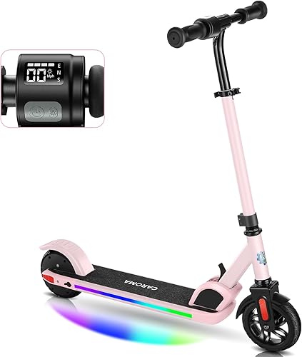 Caroma Scooter eléctrico para niños de 6 a 14 años, motor de 150 W, 10 mph, 80 minutos de tiempo de conducción, velocidad y altura ajustables, luces