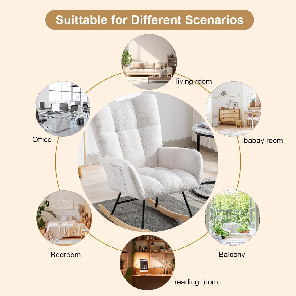 Rocking Chair Nursery, Teddy Upholstered Glider Rocker with High Backrest, Reading Chair Modern Rocking Accent Chairs Glider Recliner for Living Room, Nursery, Bedroom,White
