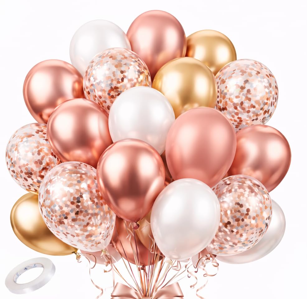 Fiesta Cart Rose Gold Balloons 70 Pack Chrome Rose Gold Gold White & Confetti 12 Inch Latex Balloons for Birthday Bridal Shower Wedding & Balloon Arch Decorations