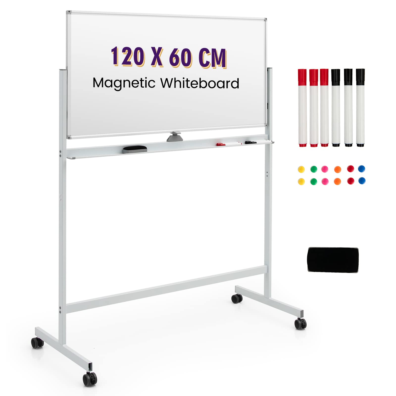 GIANTEX 120 x 60 cm Pizarra Magnética de Doble cara con Ruedas, Altura Regulable en 360° con 6 Marcadores, 12 Imanes y 1 Borrador, Pizarra Reversible para Oficina, Hogar, Escuela (Blanco)