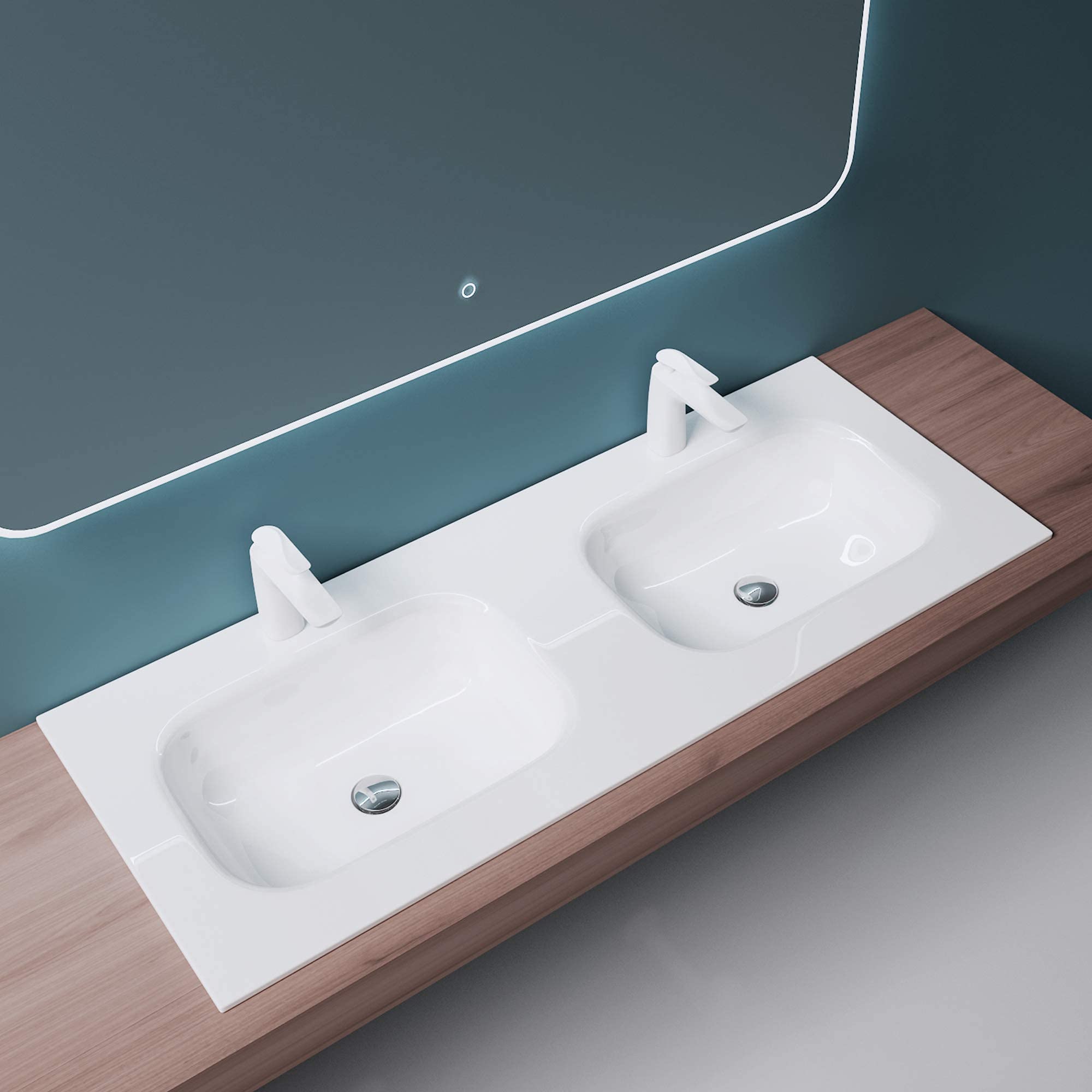 Mai & Mai Waschbecken Einbauwaschbecken Doppelbecken Mineralguss Waschtisch Waschplatz große Ablagefläche rechteckig Breite: 120cm Col04
