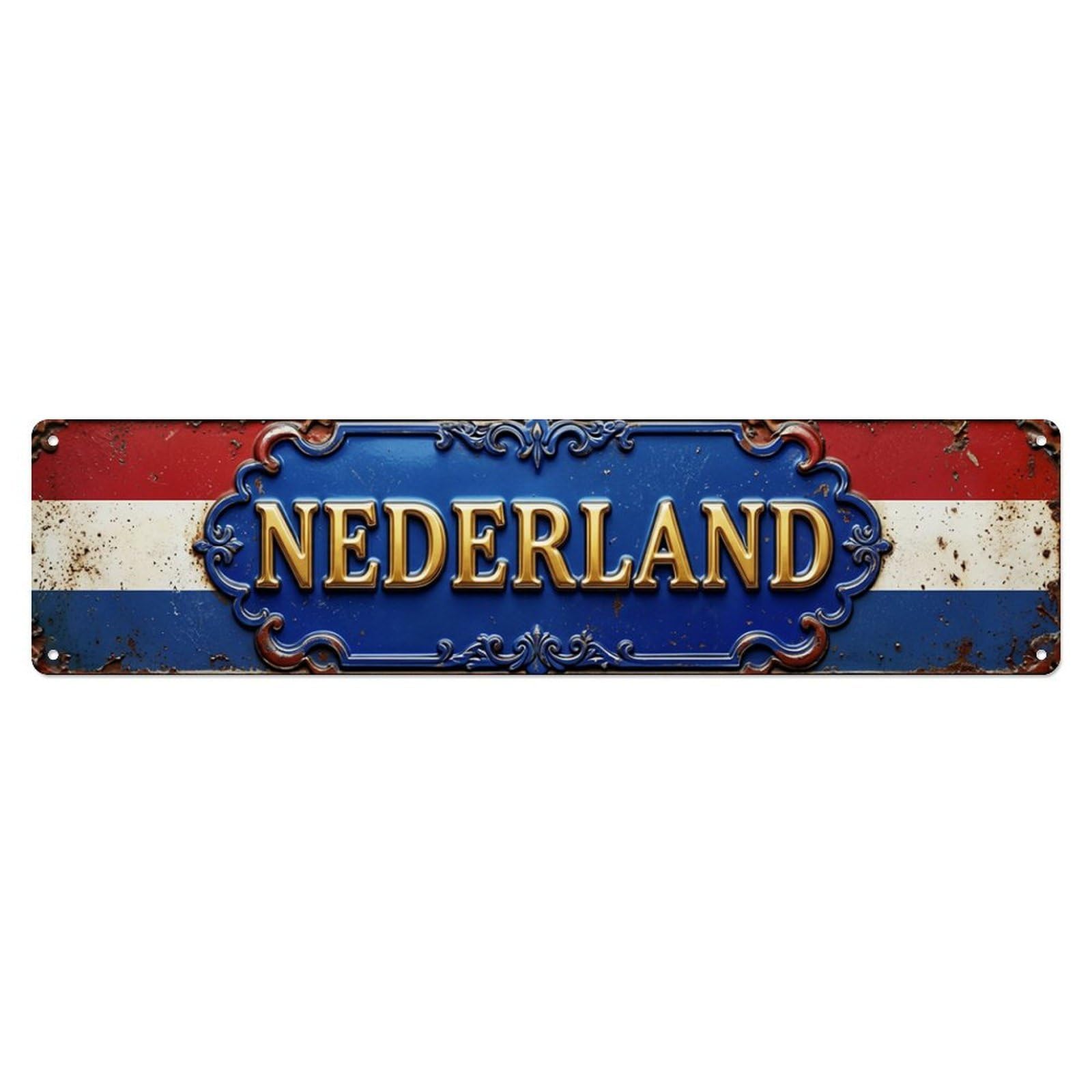 Netherlands Flag Antique Emblem Metal Tin Skinny Sign Plaque Wall Decor for Cafe, Club Bar, Office, Home Garden Metal Poster 4x16Inch