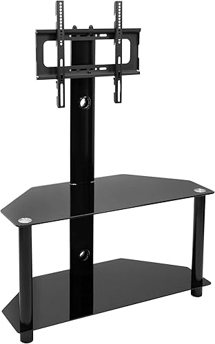 Miniatura 2 de Mount-It! Soporte de TV de suelo con soporte y estantes de vidrio templado para almacenamiento  Centro de entretenimiento con soporte para TV, se