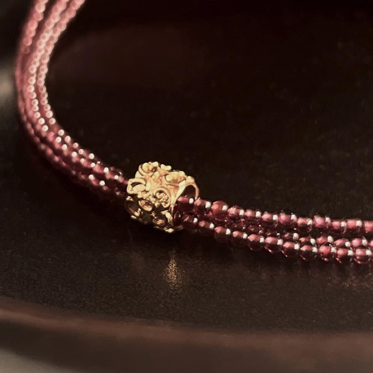 Vintage-Inspired Triple Strand Wine-Red Garnet Long Necklace with Gold Ornate Brass Bead, Exquisite Handcrafted Beaded Gemstone Jewelry for Banquets & Formal Occasions