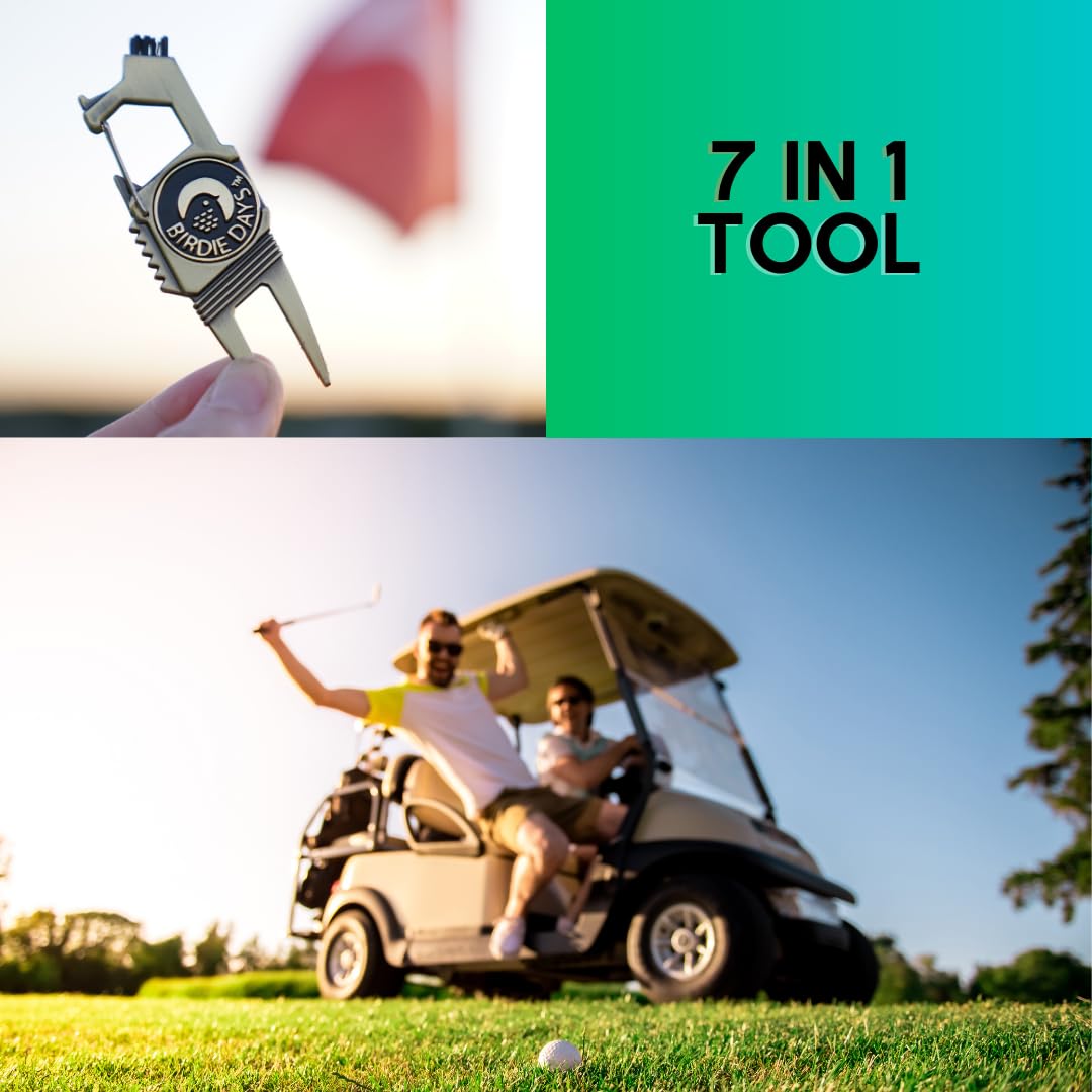 Golfballmarkierer und Pitchgabel Set | Antik Silber Finish | 2 Marker und 1 Pitchgabel | 7-in-1 Werkzeug mit Flaschenöffner | Rillenbürstenreiniger | Magnetischer Markierhalter