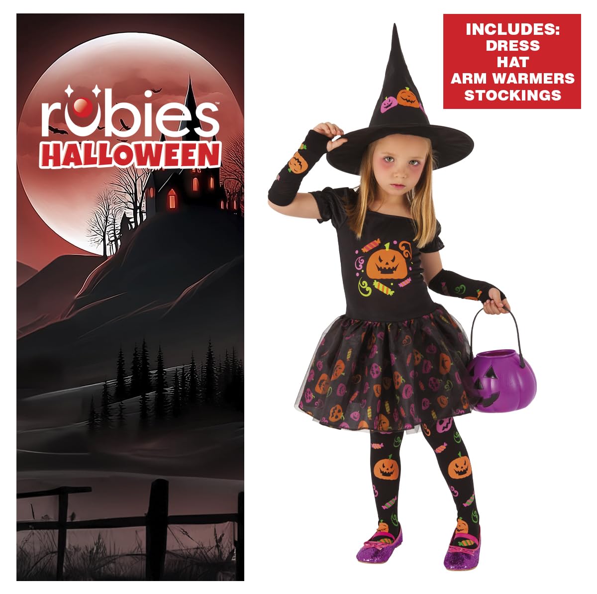 Rubies Costume Strega Candy per Bambina, Vestito Stampato, Maniche, Calze e Capello, Ufficiale, Stregas, Witches, Caramelle per Halloween, Feste e Cosplay