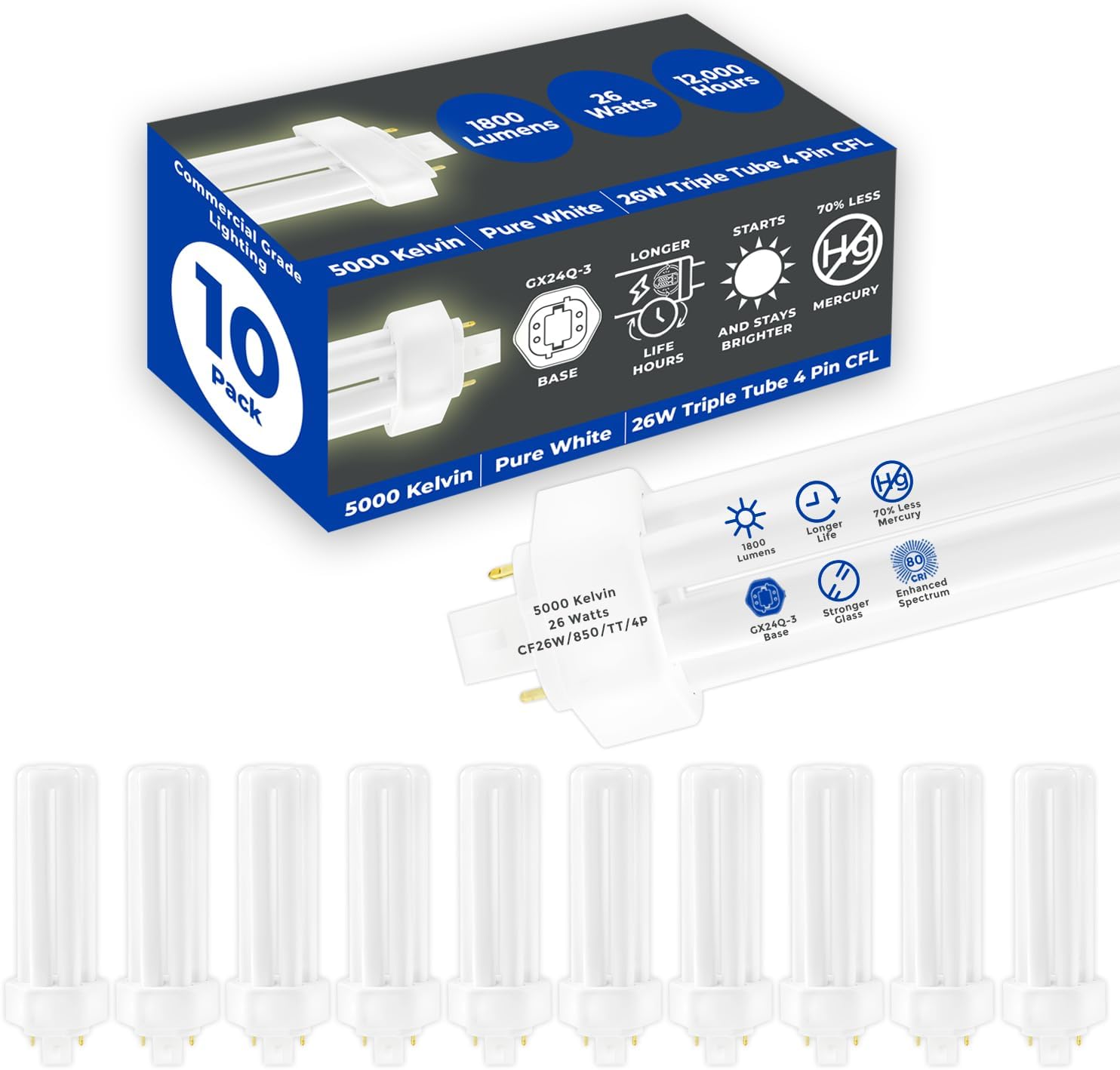 GoodBulb 26 Watt CFL Light Bulbs 4 Pin GX24Q-3 Base 5000K Daylight 26W High Output 1800 Lumens Triple Tube Compact Fluorescent Light Bulbs Plug-in 10 Pack