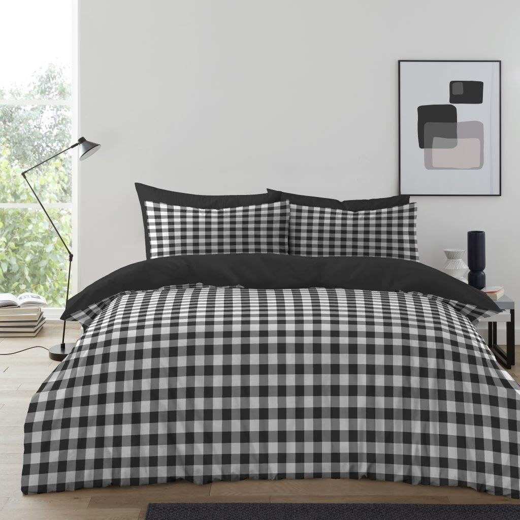 GC GAVENO CAVAILIA Gingham Check Duvet Cover Single - 2 Piece Tartan Bedding Check Single Duvet Cover Set With Pillowcase - Washable Reversible Microfiber Plain Quilt Cover Set - (135x200 Cm) Charcoal