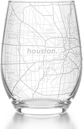 Well Told Copa de vino sin tallo grabada con mapa de Houston, Texas, vidrio grabado (4 dl, transparente) Regalos personalizados de la ciudad para