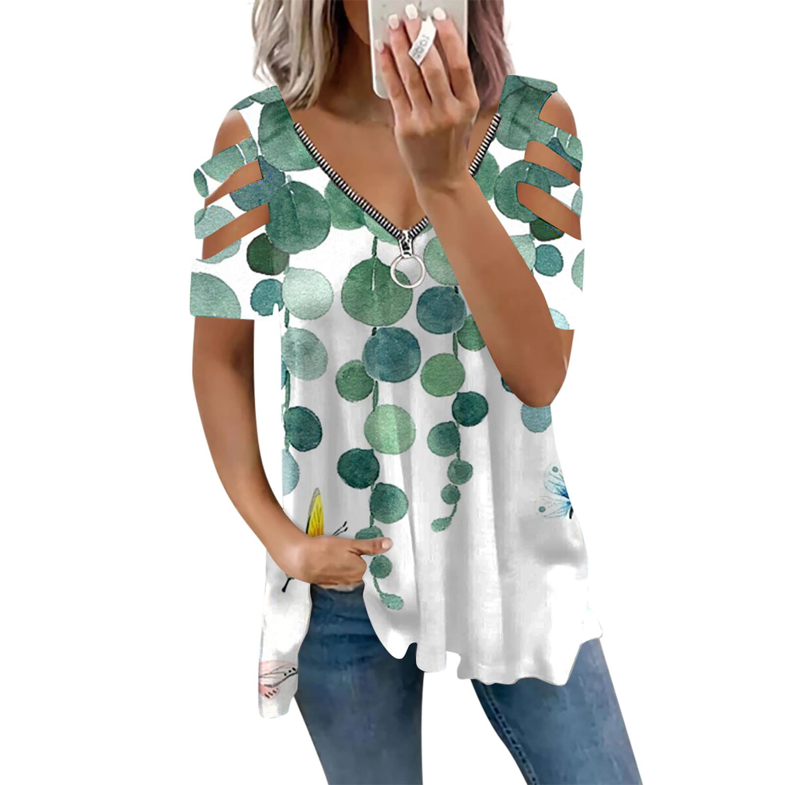 GenericWomen's Hide Belly Short Sleeve Blouses 2023 Zipper V Neck Pollover Stretchy Off-Shoulder Floral Printed Tops