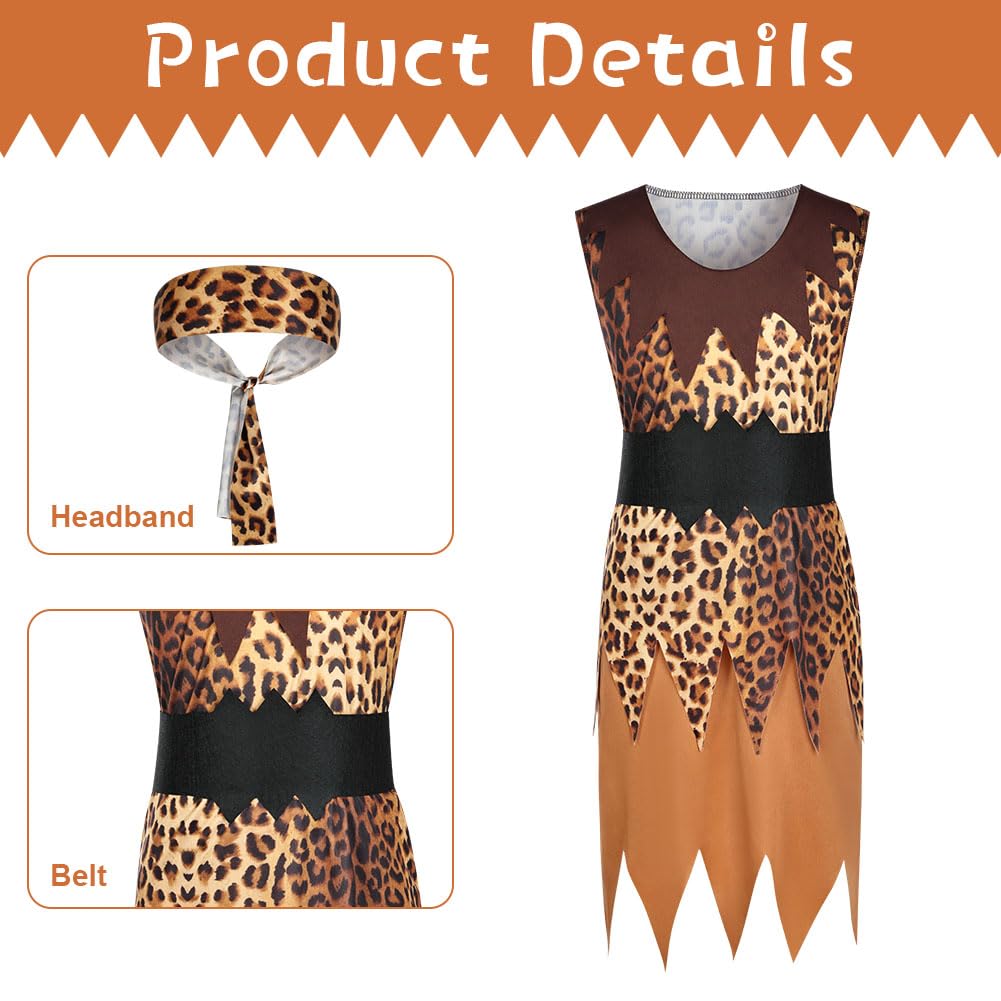 AYBUY Caveman Costume, Stone Age Themed Wild Cave Outfit for Kids Halloween Cosplay Fancy Dress, Leopard Print Robe, Belt - Image 3