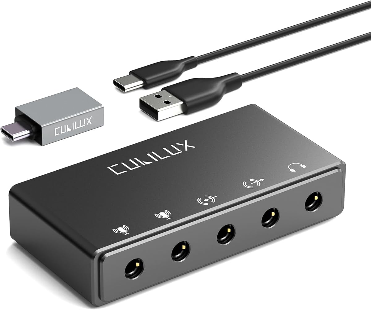 Cubilux CB5 USB Audio Interface for Recording, Streaming, Podcasting, USB to 3.5mm Sound Card with Stereo Microphone Input, Line-In, Line-Out & Headphone Jack for Monitors, Support Windows & Mac OS