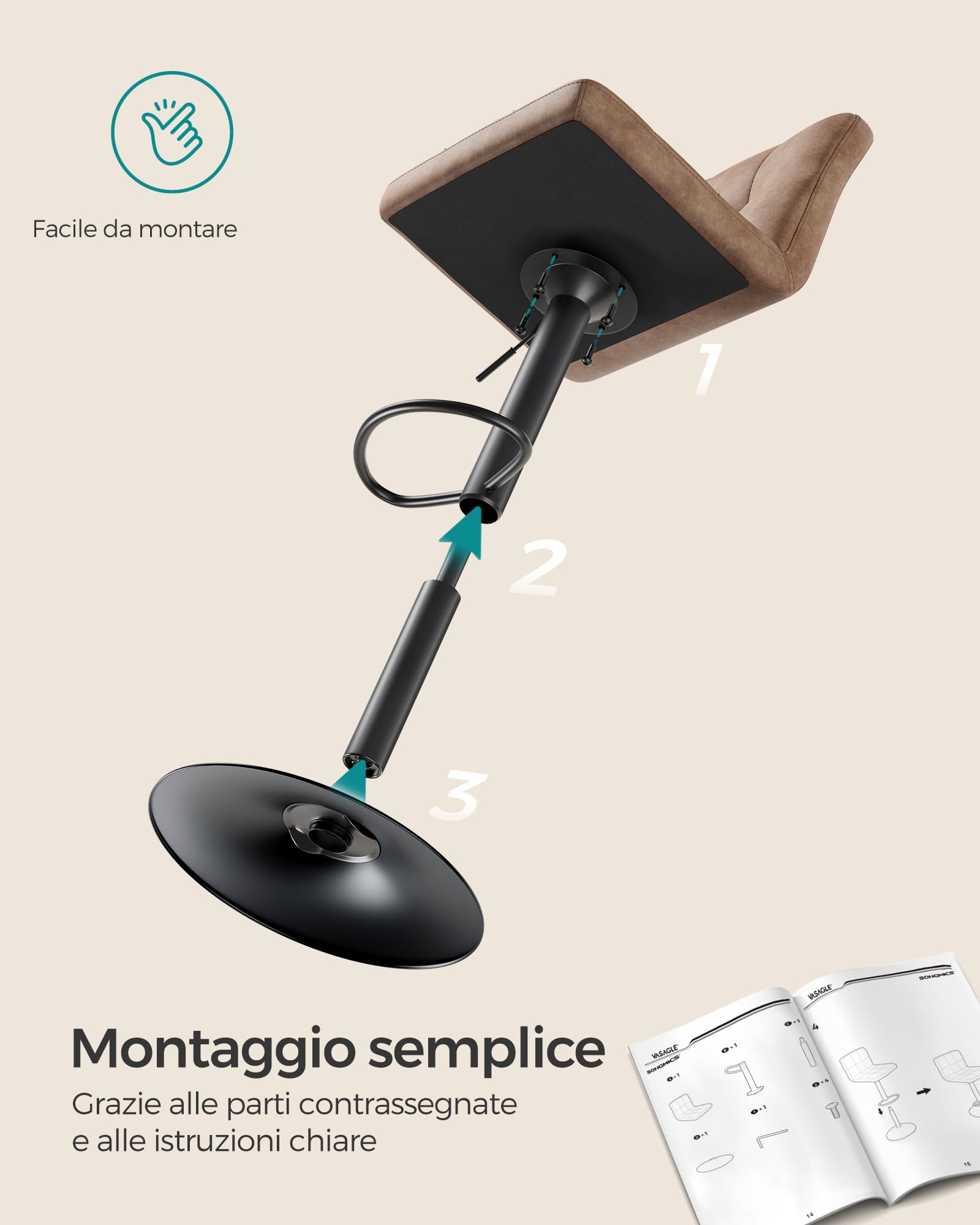 SONGMICS Barhocker 2er Set, höhenverstellbare Barstühle mit PU-Bezug, 360° Drehstuhl, Küchenstühle mit Rückenlehne und Fußstütze, Esszimmer, Tresen, Stahl, walnussbraun LJB064K02