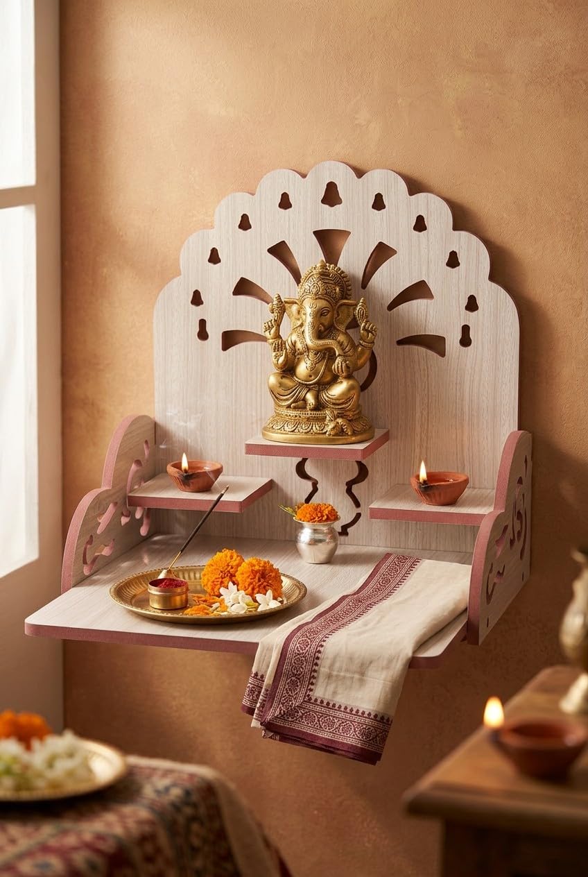 White Ash Wooden Temple Shelf for Home | Om Peacock Jali Wall Mounted/Tabletop Pooja Rack/Mandir with 3 Shelves and Bell Hooks-image-34