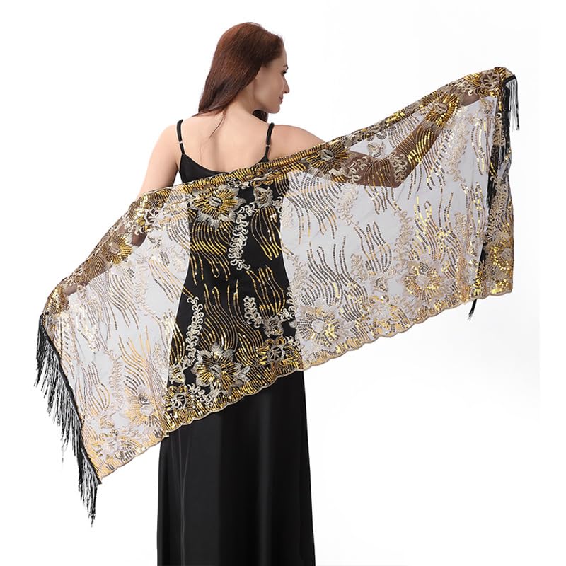 Greenery-GRE Womens Floral Sequin Evening Shawl Wrap with Fringe Mesh Scarf Formal Dress Cover Up for Wedding Party Prom2