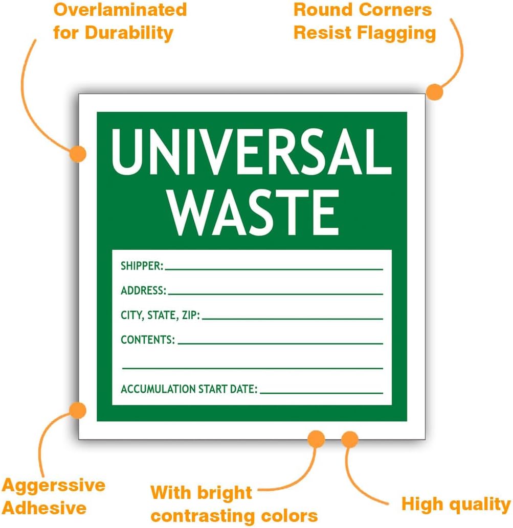 Hazardous Waste Label Universal Waste 6"x6" Adhesive-Poly Vinyl Warning Stickers Self Adhesive White/Black/Purple Tag 30 Pack