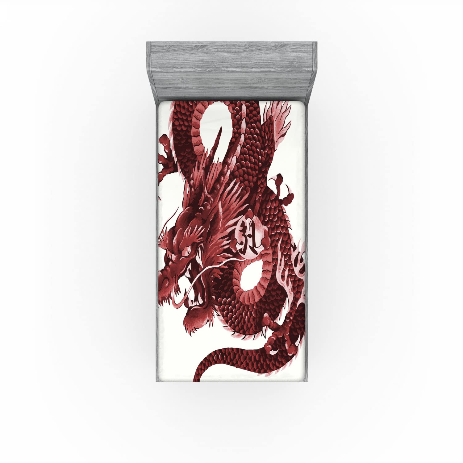 Ambesonne Dragon 2 Pack Fitted Sheet, Japanese Noble Monster, Bed Cover All-Round Elastic Deep Pockets 2 Pieces, Package Contains 2 Twin Size Fitted Sheets, Pink Burgundy