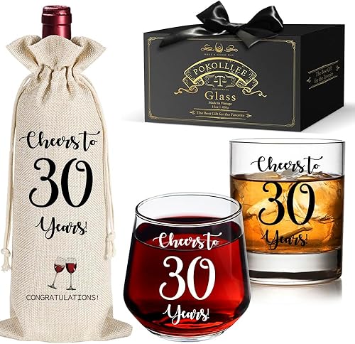 Cheers to 30 Years - Juego de regalo de copas de vino y whisky sin tallo, regalo de 30 cumpleaños, aniversario, día de San Valentín, para pareja,