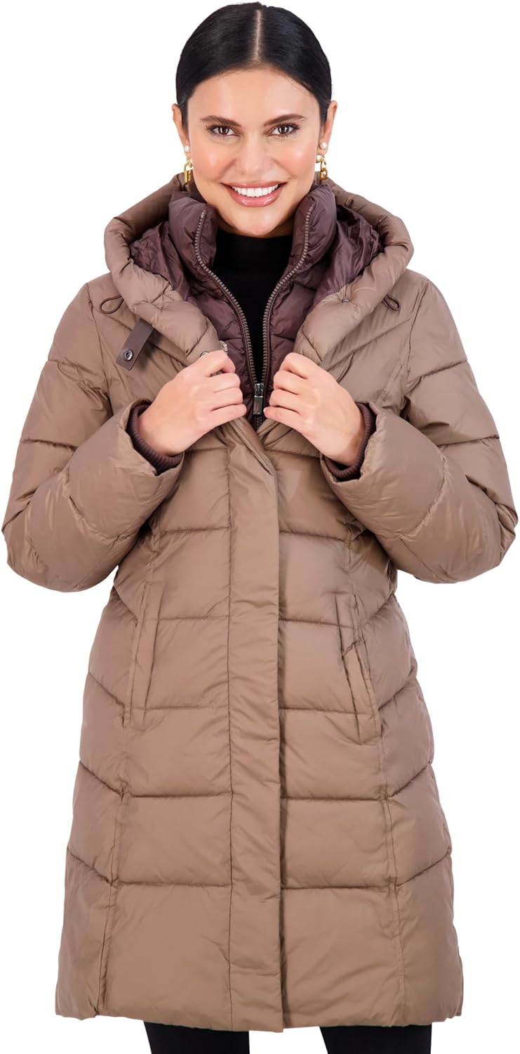Jones NY Hooded Women’s Puffer Jacket with Pillow Collar Bib, Womens Winter Coat, Black