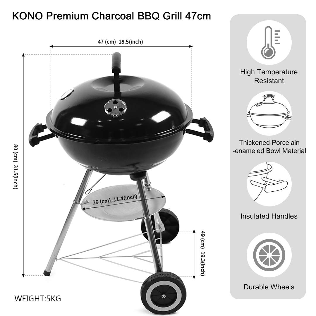 Kono Kettle BBQ Grill Charcoal Grill Trolley with 2 Grids 2 Wheels