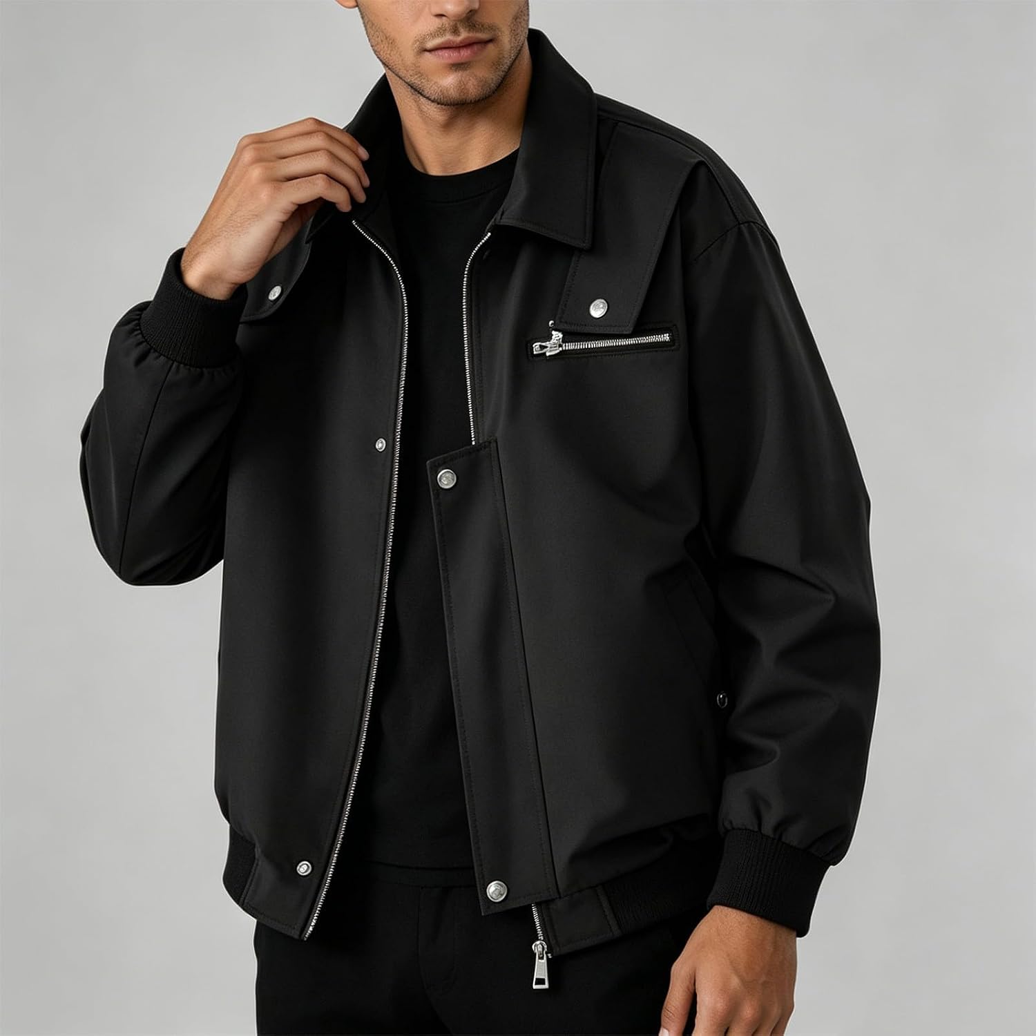 Men Women Oversized Moto Jacket Lapel Collar Full Zip Casual Fashion Streetwear Coat with Chest Pocket Multi-Color