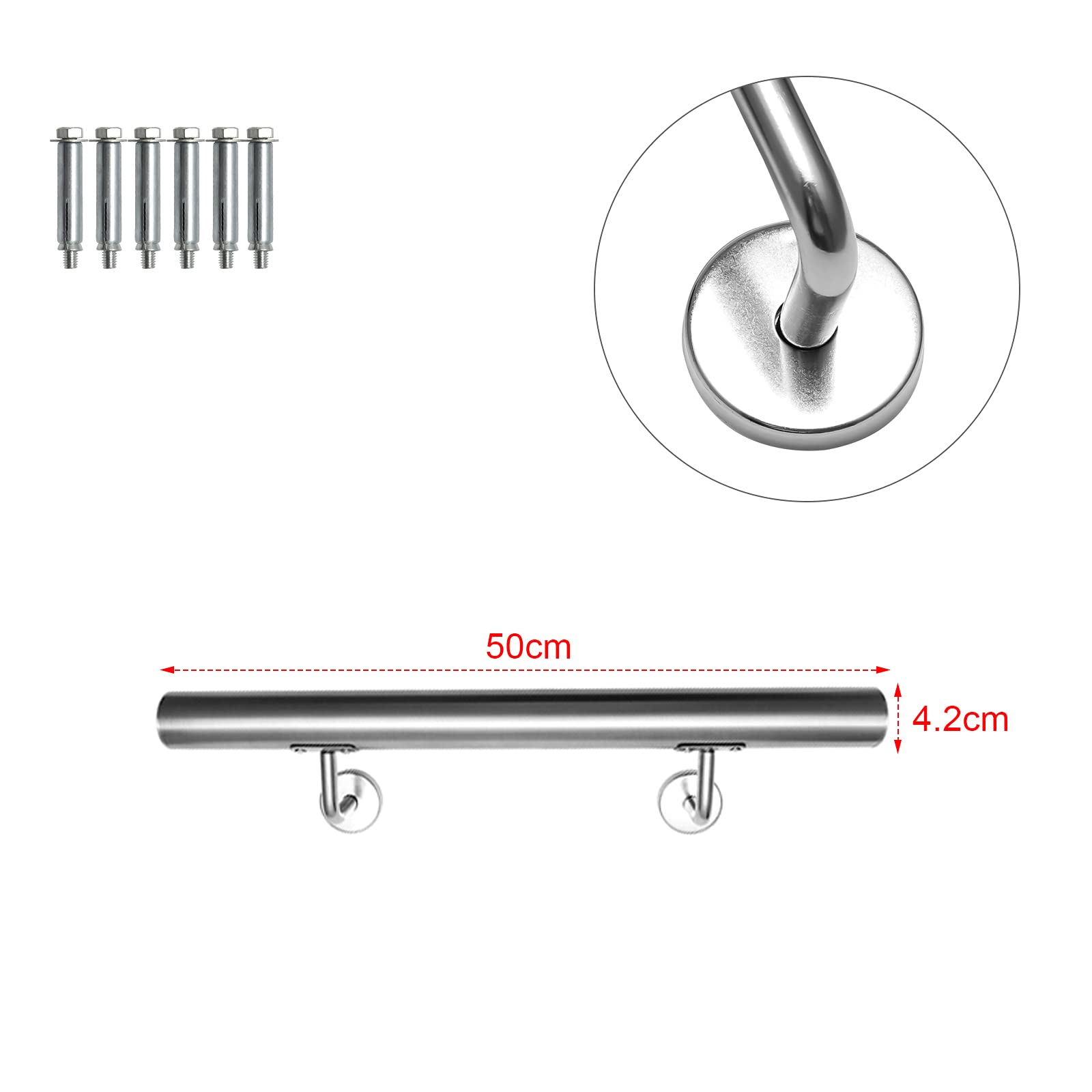 Vigevee Roestvrij stalen leuning, reling, trapleuning, wandleuning binnen en buiten, incl. wandhouder en eindkappen, rond 42 mm, trap wandhouder handgreep stang, lengte: 120 cm Vigevee Roestvrij stalen leuning, reling, trapleuning, wandleuning binnen en buiten, incl. wandhouder en eindkappen, rond 42 mm, trap wandhouder handgreep stang, lengte: 120 cm