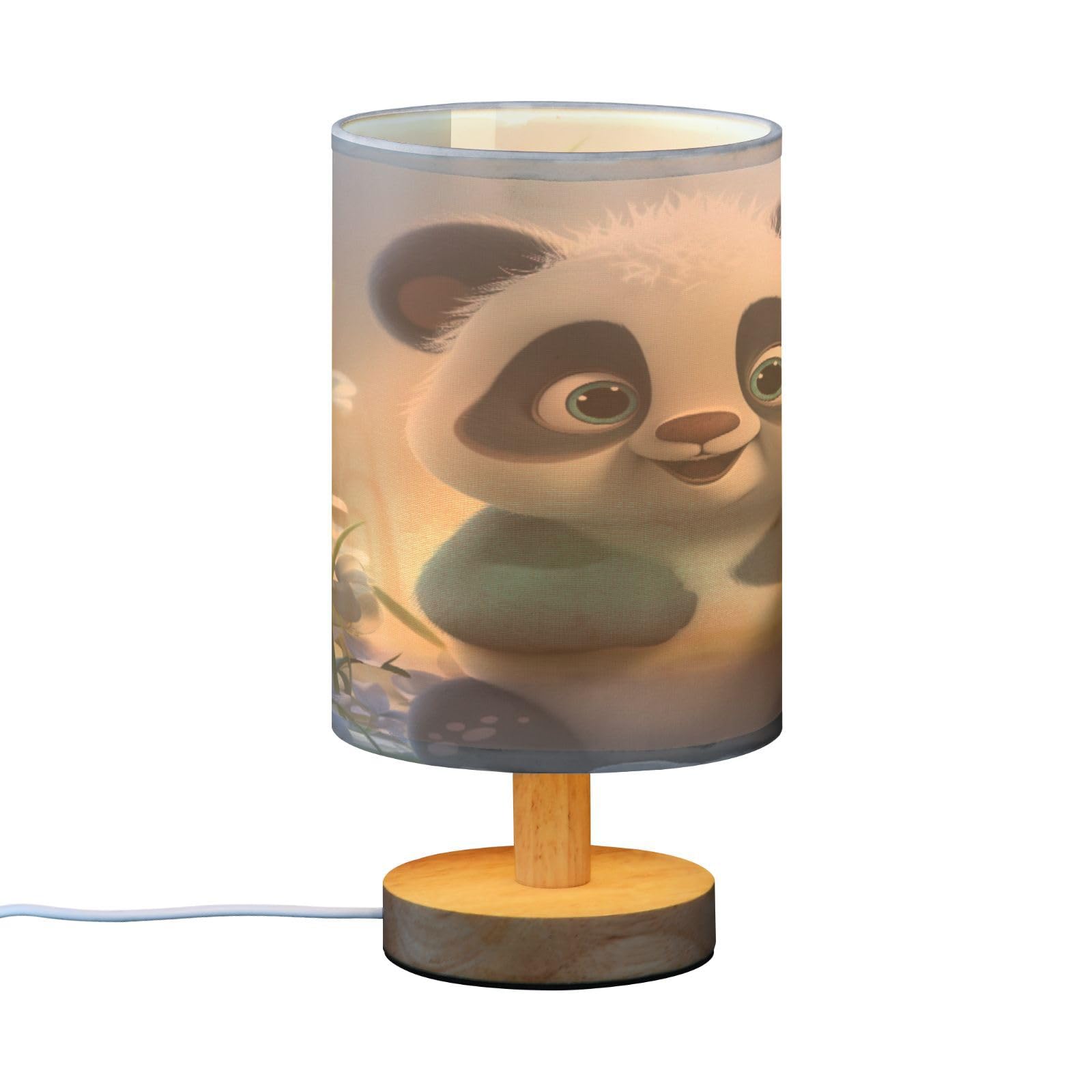 SDMKA Cute Cartoon Panda Bedside Table Lamp for Bedroom, Minimalist Nightstand Lamp with Round Fabric Shade for Living Room, Office, No Bulb Required