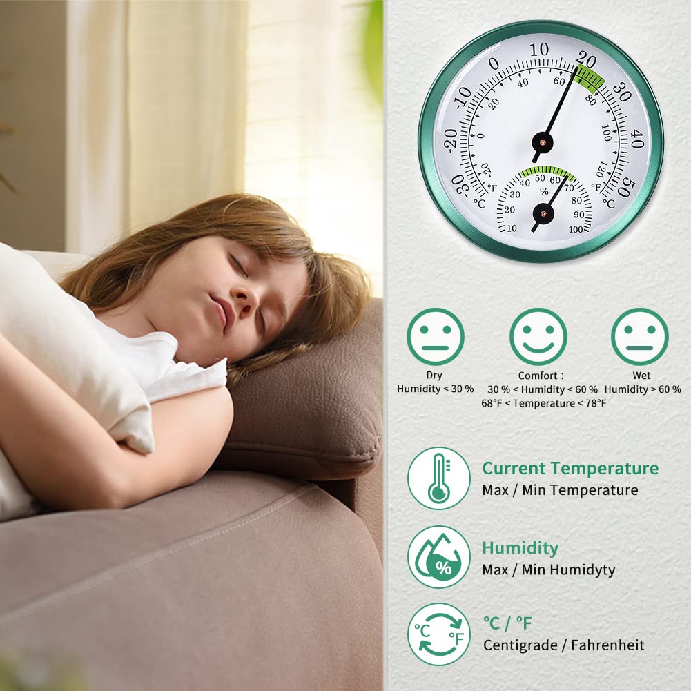 2 in 1 Stainless Steel Thermometer Hygrometer Auto Measure Humidity Thermometer Mini Room Thermometer for Living Room, Greenhouse, Office, Baby Room Easy Reading Display Mechanical