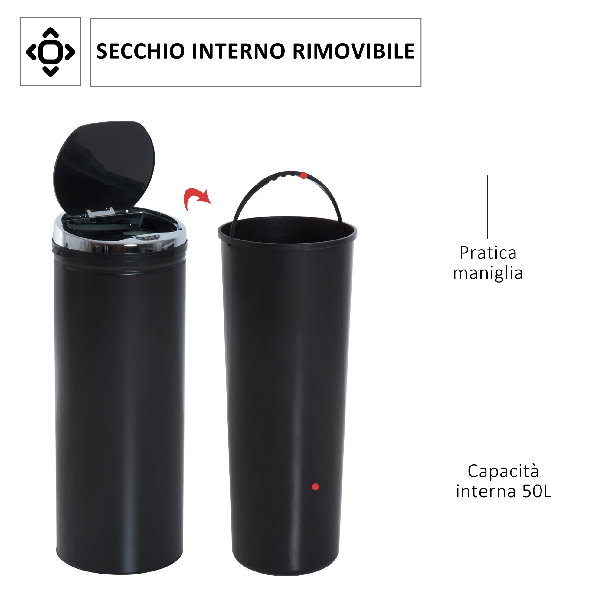 HOMCOM Pattumiera Automatica con Sensore a Infrarossi e Capacità 50L, Nero