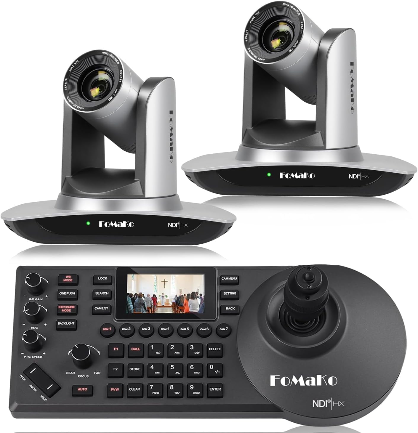 FoMaKo NDI HX3 PTZ Kamera Set, 20x Optischer Zoom KI-Auto-Tracking, mit HDMI/USB3.0/LAN(PoE), für YoTube vMix OBS Live Streaming, mit 2*FMK20UH NDI Kamera(Silber) +1* NDI PTZ Controller (BN402)