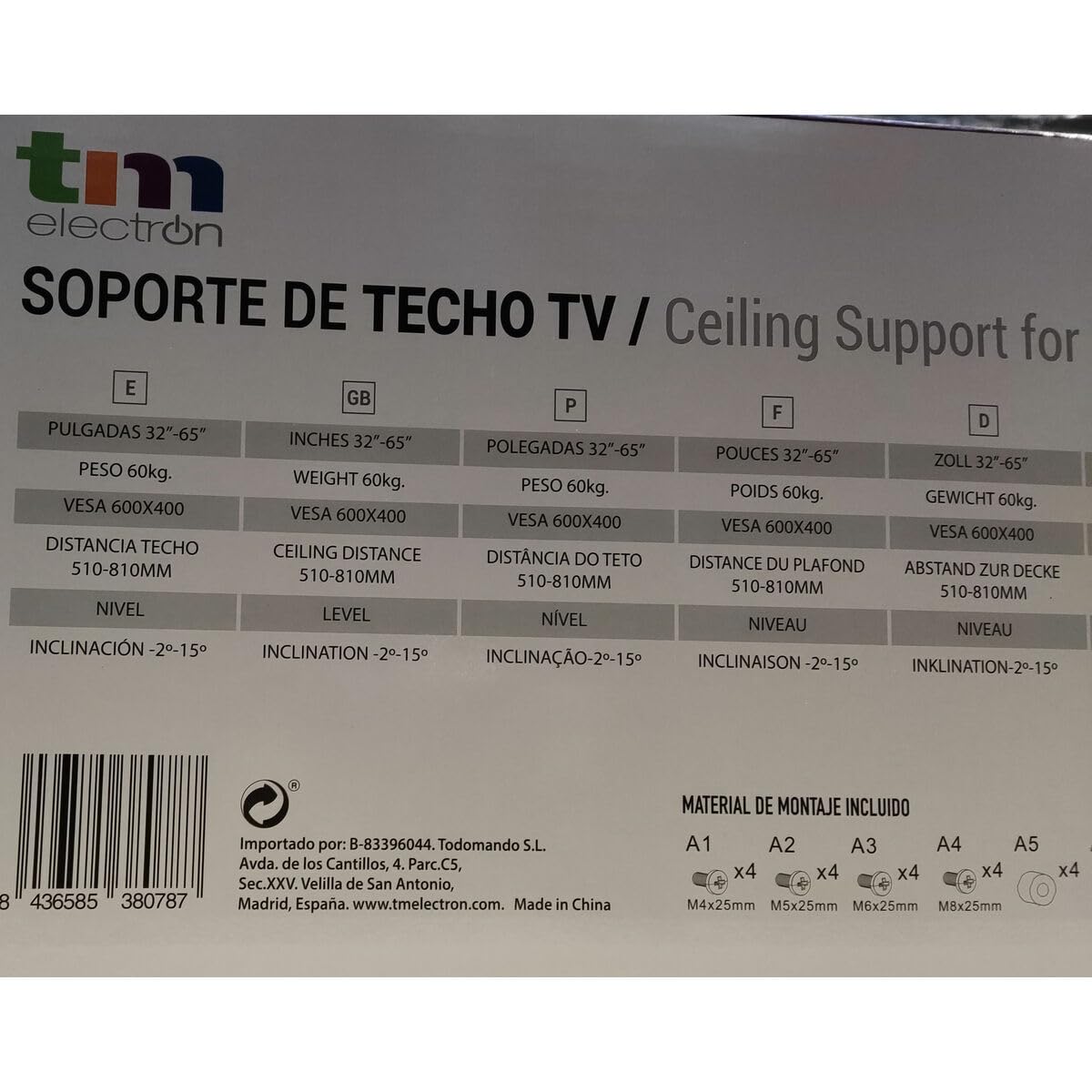 TM Electron TMSLC411 Soporte Universal de Techo Extensible y Giratorio para monitores o televisores LED, OLED, LCD, Plasma de 32" a 65", máx. 60Kg, VESA 600x400