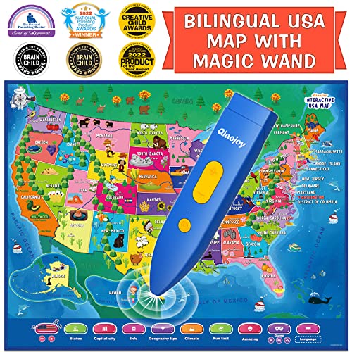 Qiaojoy V2 Interactive Kids Map Bilingual United States Map For Kids Learning, Educational Talking Usa Map Poster Geography Games Personalized Kids Toys For Boys & Girls Ages 3-12 #TOP25