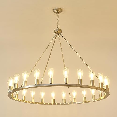 Wagon Wheel Chandelier 24-Light 48 Inch, Extra Large Nickel Round Rustic Candle Farmhouse Pendant Light Fixture for High Ceilings, Dining Room Living Room Farmhouse