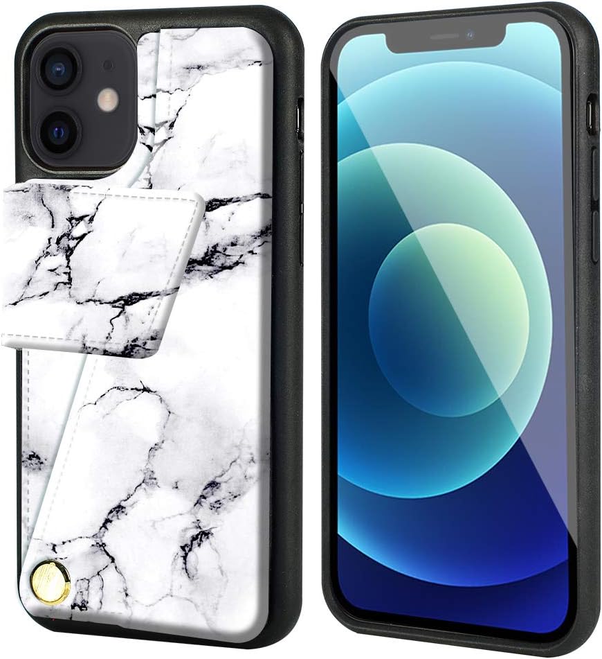 ZVEdeng Printed Wallet Case for iPhone 12 Pro/iPhone 12 Compatible with Magsafe Wireless Charger Support Magnetic Wireless Charging, Card Holder Case for iPhone 12/12 Pro Flip Case-White Marble