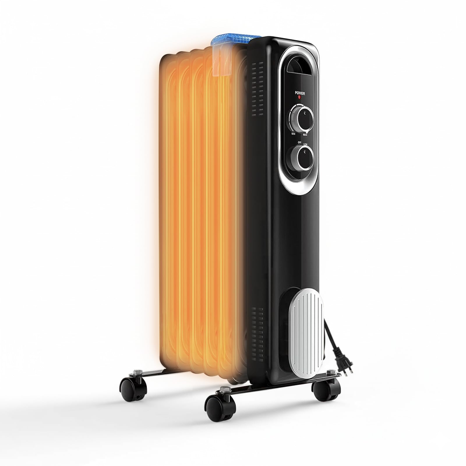 Oil Filled Radiator Heater for Indoor Use, Portable Large Room Radiant Space Heater 1500W with 3 Heat Settings Overheat & Tip-Over Protection, 11.8"D x 4.9"W x 22.8"H, Black