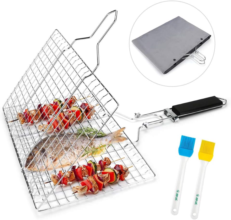 E-More BBQ Grilling Basket, Portable Foldable Stainless Steel Barbecue Grill Basket for Roast Fish Vegetables Shrimp Steak, with Detachable Wooden Handle, 2 Basting Brushes & Storage Bag, 32x22cm