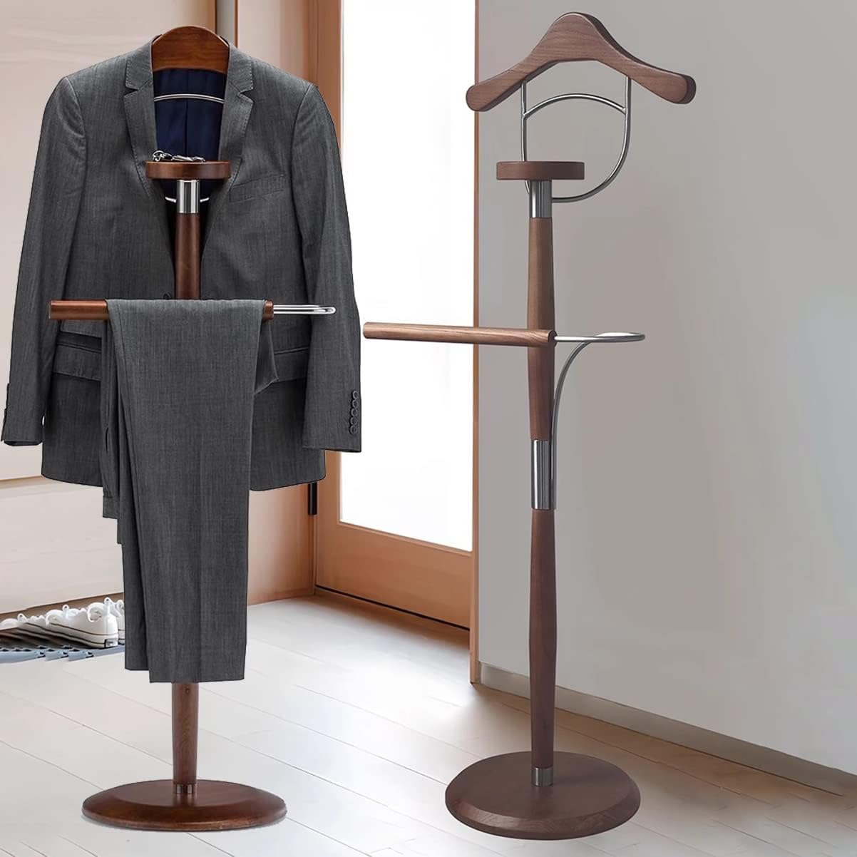 Portable Garment Rack Wood Clothes Rack Suit Valet Stand Wardrobe with Clothes Hanger and Pants Rail Tie & Belt and Shoe Rack,Brown-35x138cm