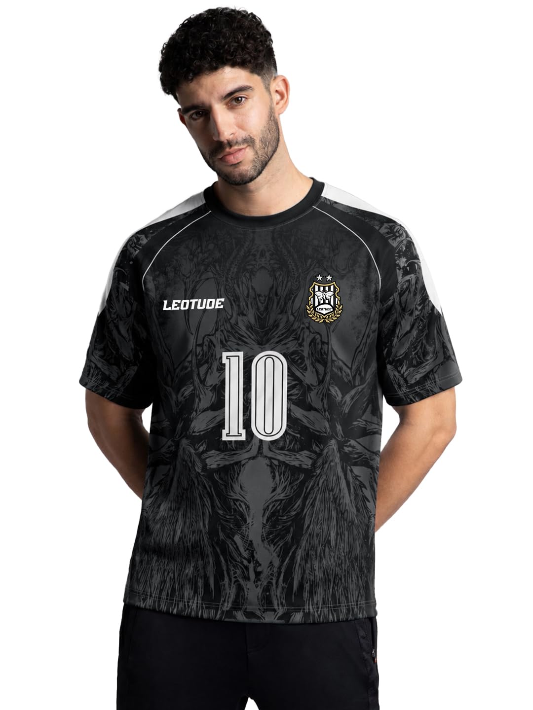 leotude Men's Dark Beast Black Football Jersey | Oversized Sports T-Shirt | Breathable Quick Dry Athletic Tee | Half Sleeve Round Neck Printed Soccer Jersey for Men's (Color : Black)-picture-21