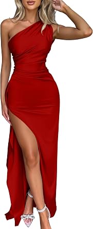 Memoriesea Womens High Split Wedding Guest Party Maxi Dress | One Shoulder,Stretchy Bodycon Maxi Dress,Cocktail Formal Homecoming,Elegant Bridal Shower Bridesmaid Birthday Party Holiday