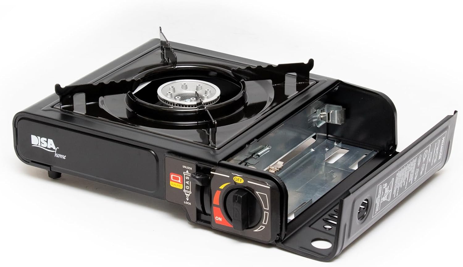 DISA HOME PARCAMP-01 Portable Camping Stove with the gas compartment open and ready for canister insertion.